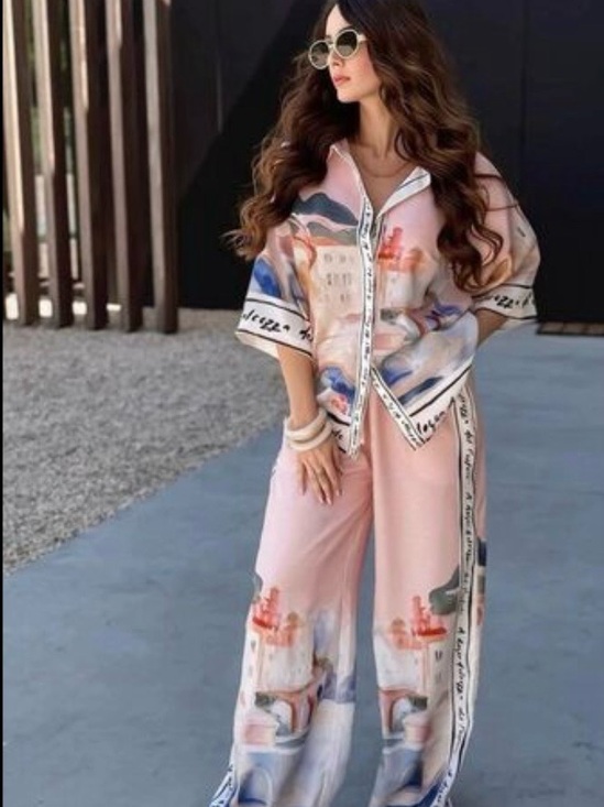 Pants - Soft Pink Printed Two-Piece Lounge Set   Plus Size Available